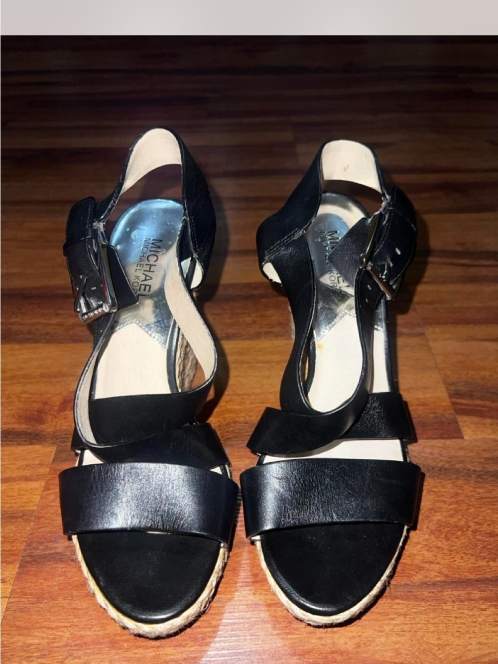 Michael Kors Black Leather Espadrille Wedge Sandals